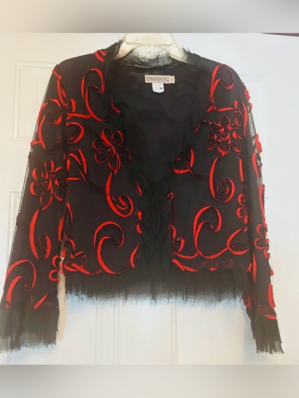 Canvasbacks Mesh Silk Vintage Jacket 8 Red Artsy Floral Formal Fringe Glam
